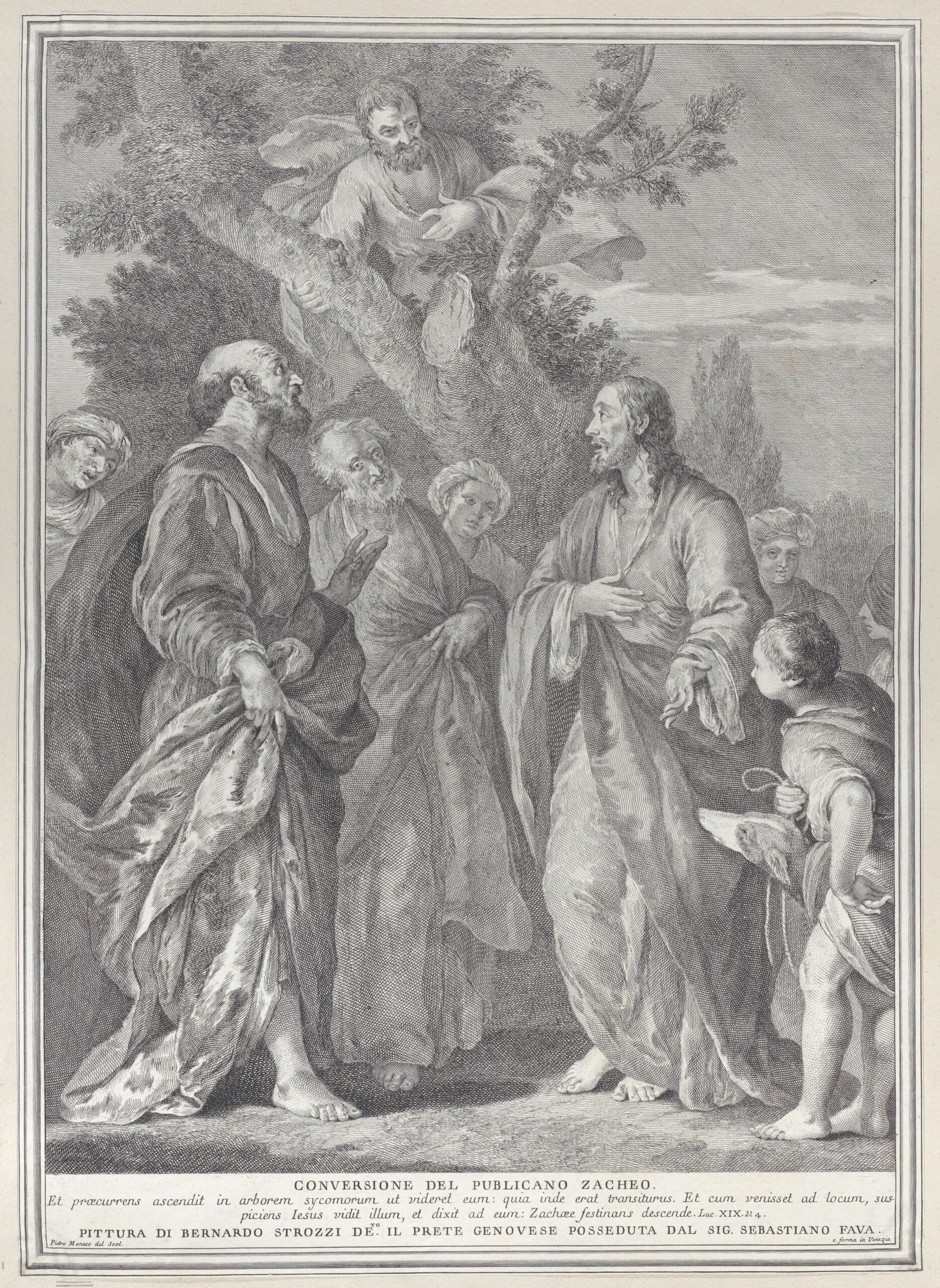 Conversion of Zacchaeus, with Christ at right addressing the tax collector, who is seated in a tree at top center